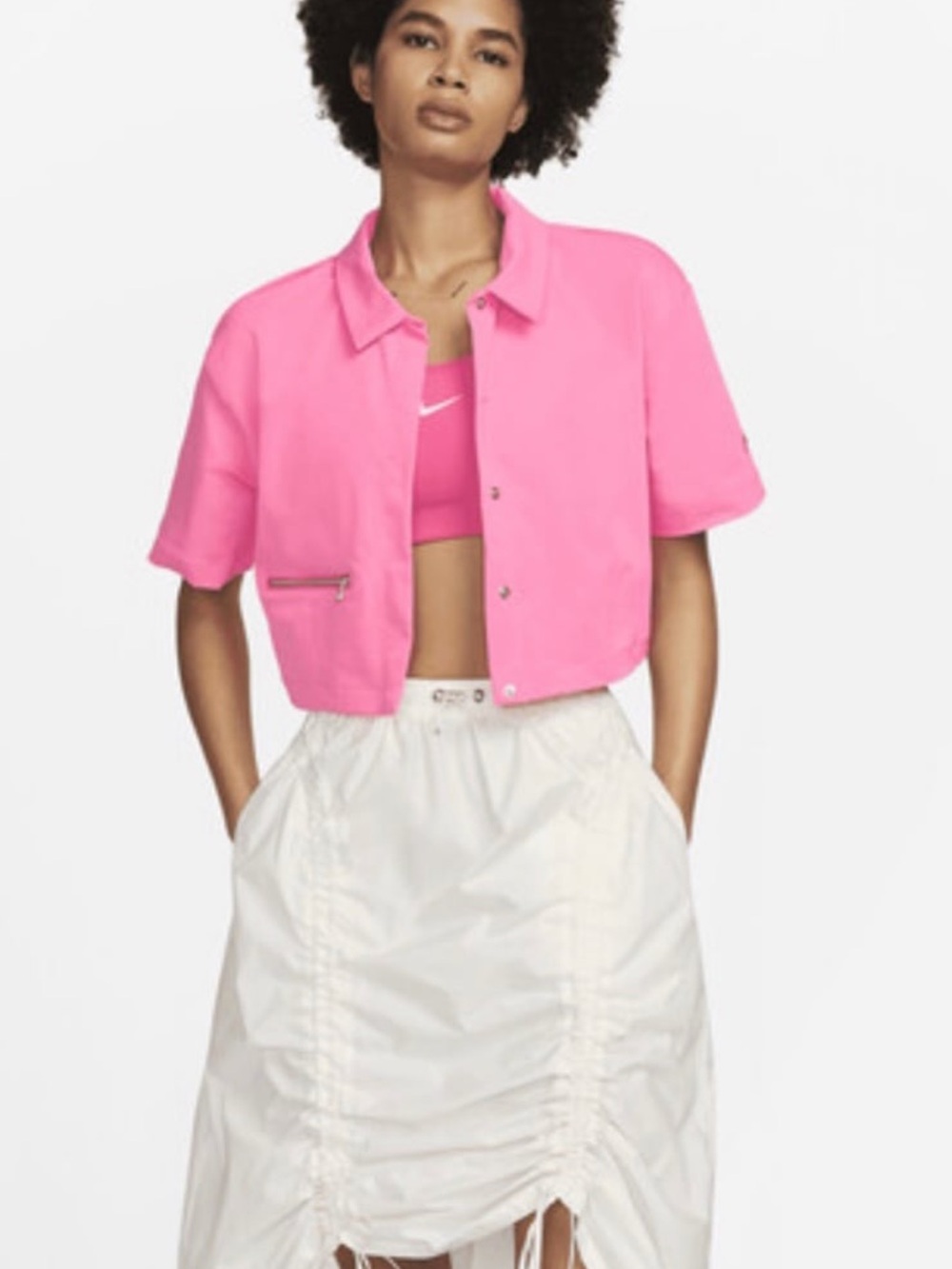 Nike Pink Short-Sleeve Cropped Zip-Pocket Top